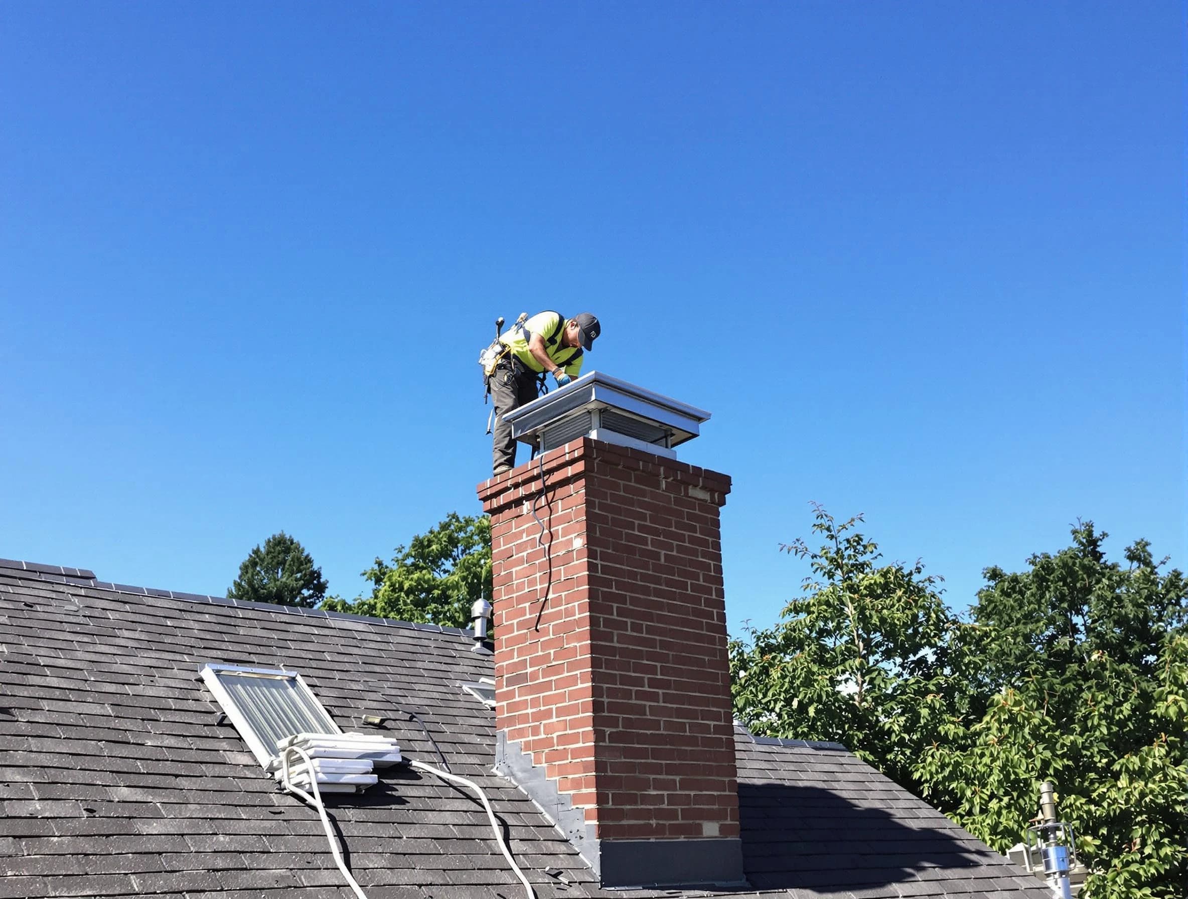 Talladega Chimney Sweep technician measuring a chimney cap in Talladega, AL